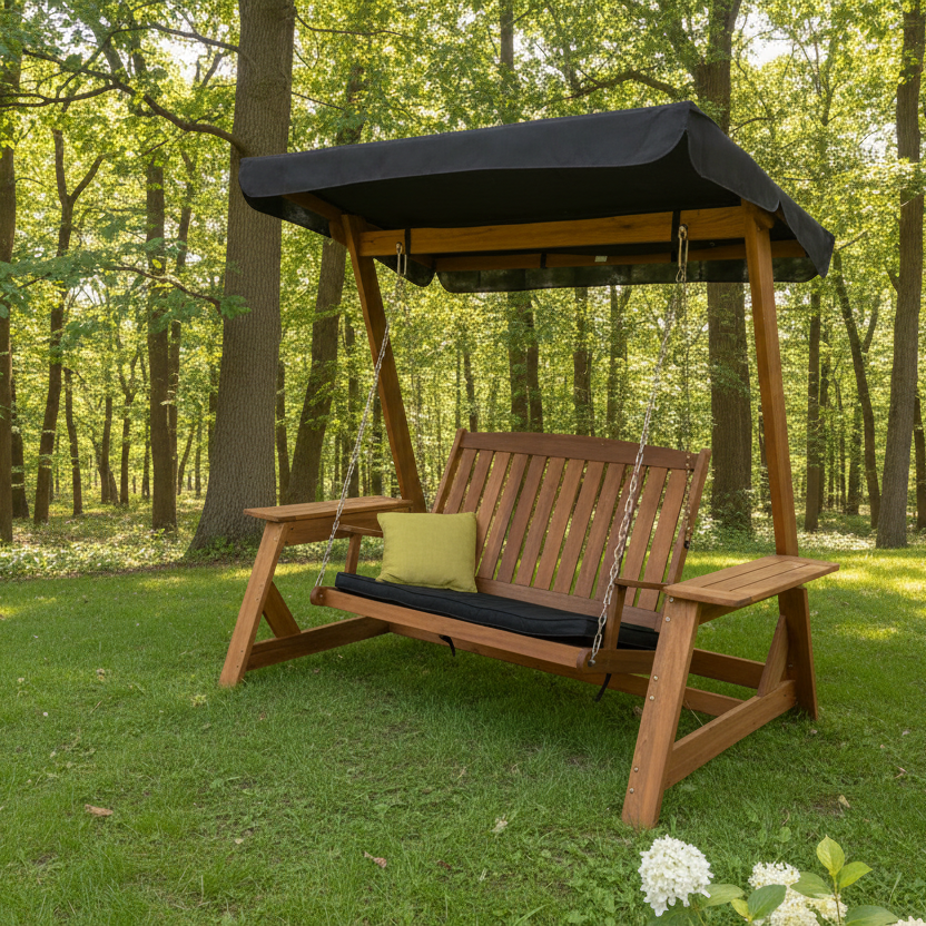 Schommelbank met bos achtergrond