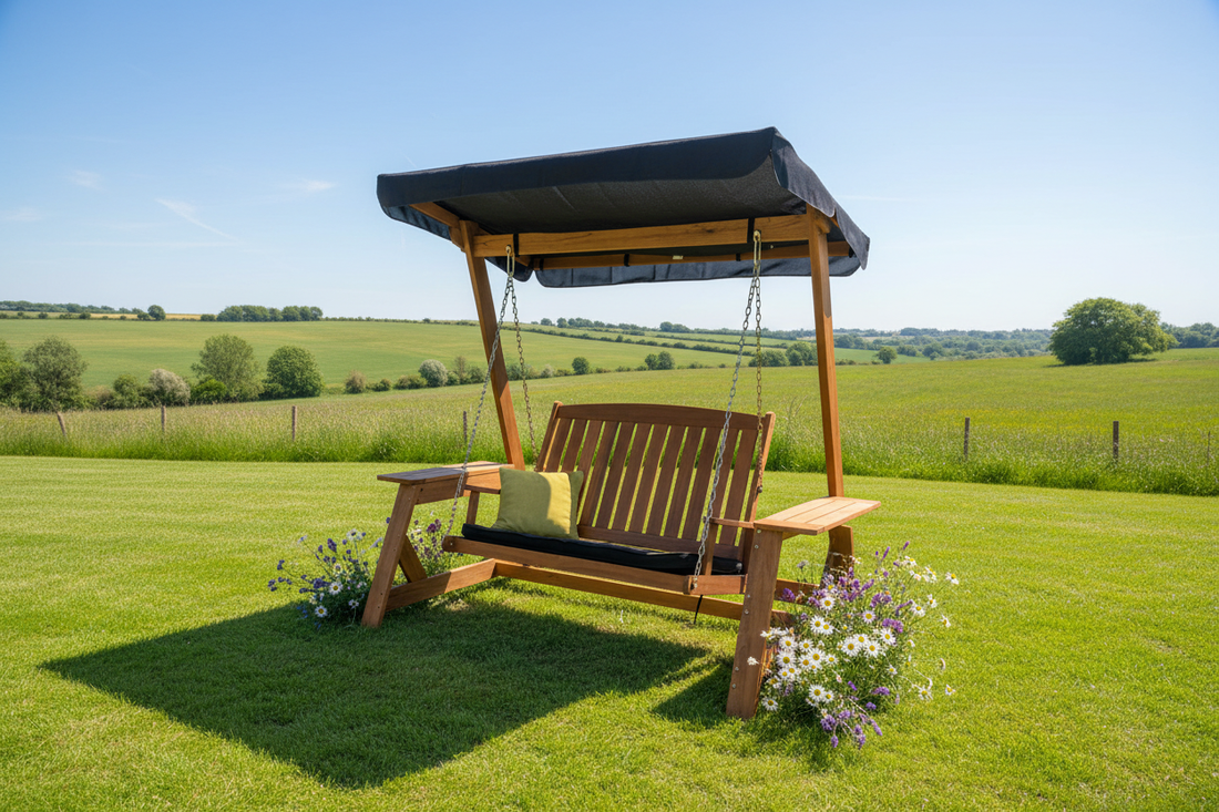 Schommelbank met uitzicht op heuvels