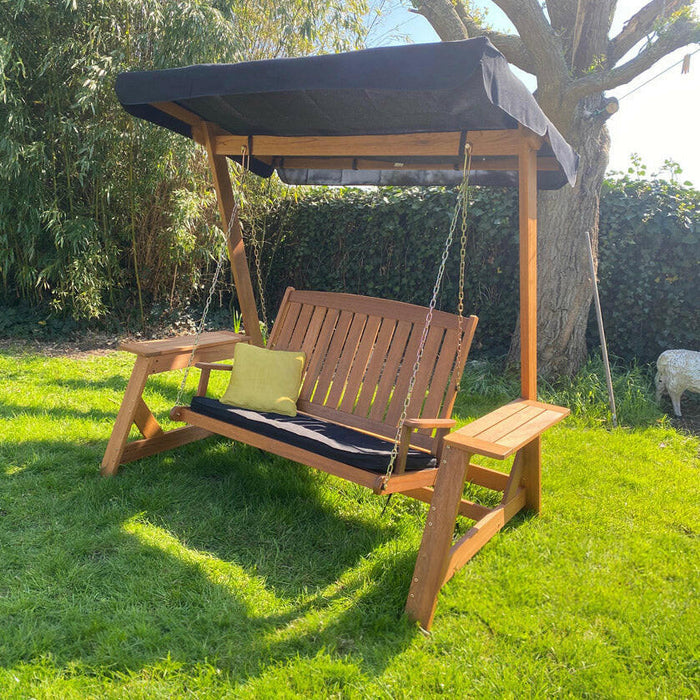 Balançoire en bois dur pour deux personnes avec coussins et auvent - Bois Meranti, aspect robuste pour jardin et terrasse