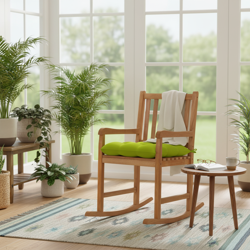 Schommelstoel met groen kussen in serre