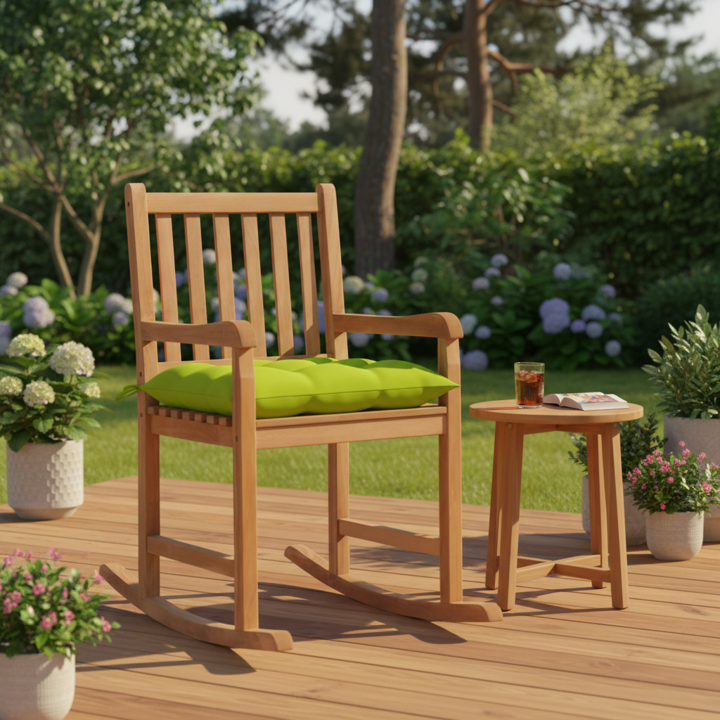 Schommelstoel met groen kussen op houten deck