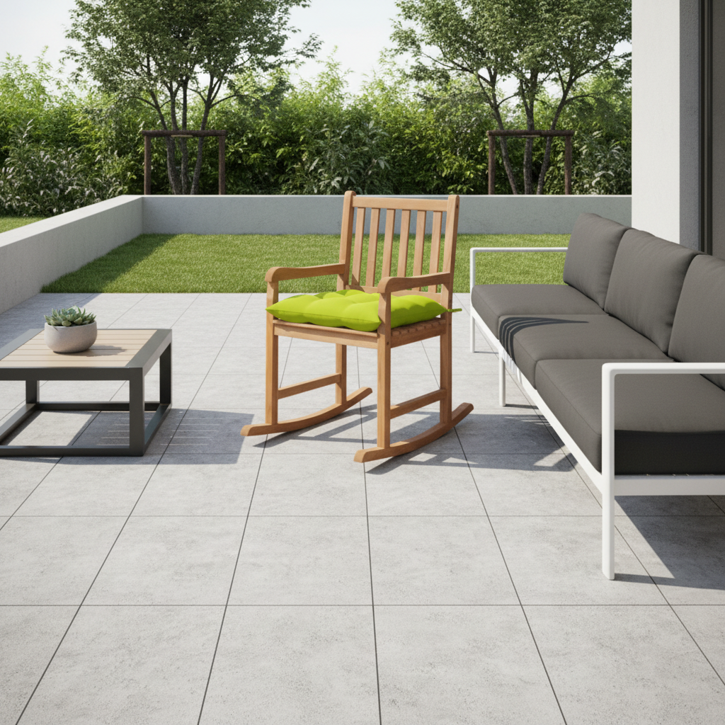 Schommelstoel met groen kussen op terras