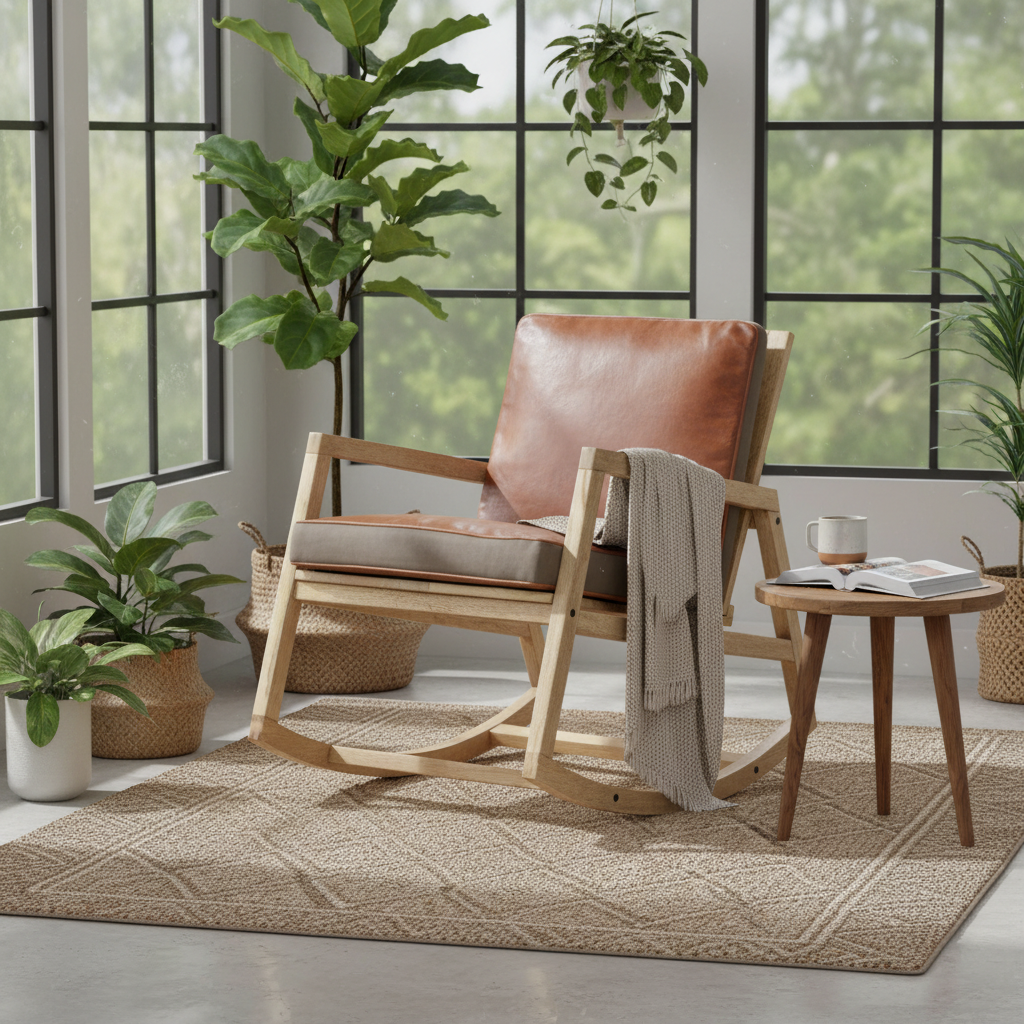 Schommelstoel met leren kussens in serre