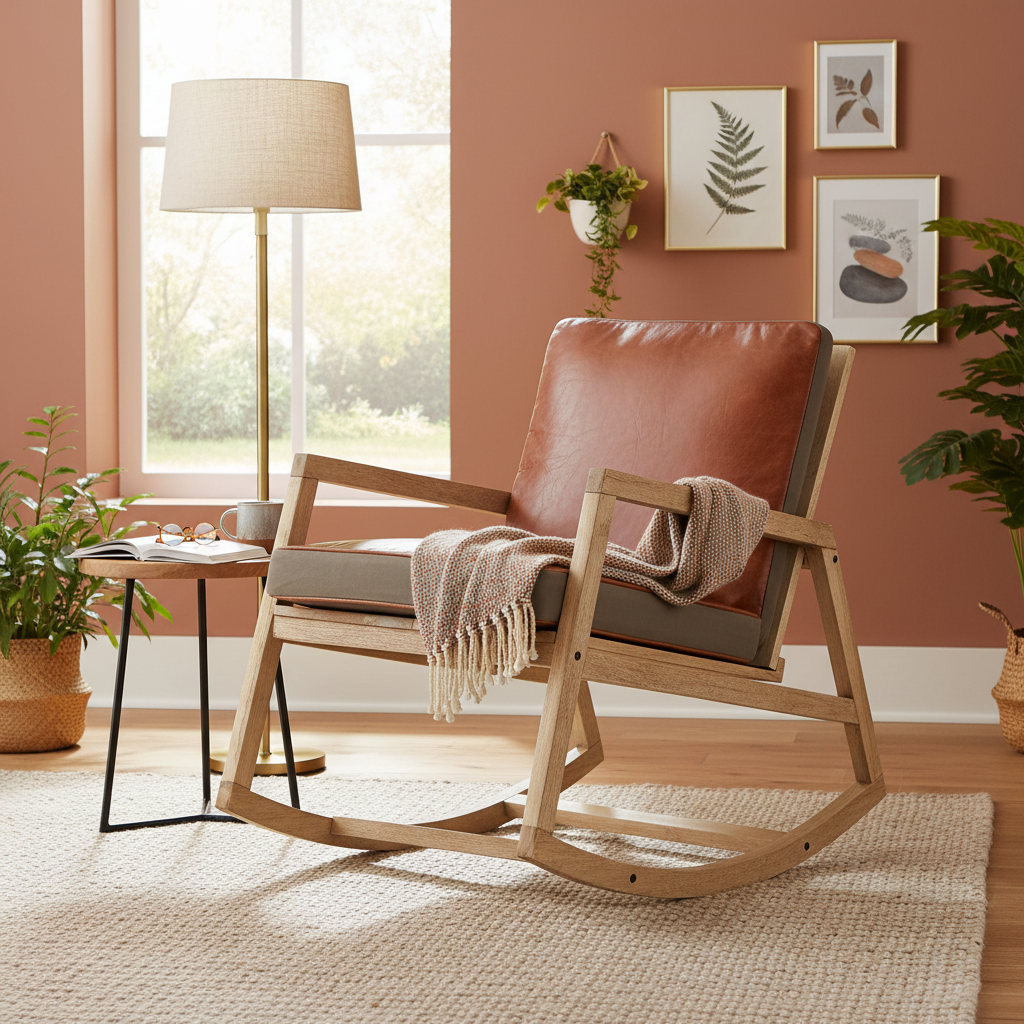 Schommelstoel met leren kussens in woonkamer