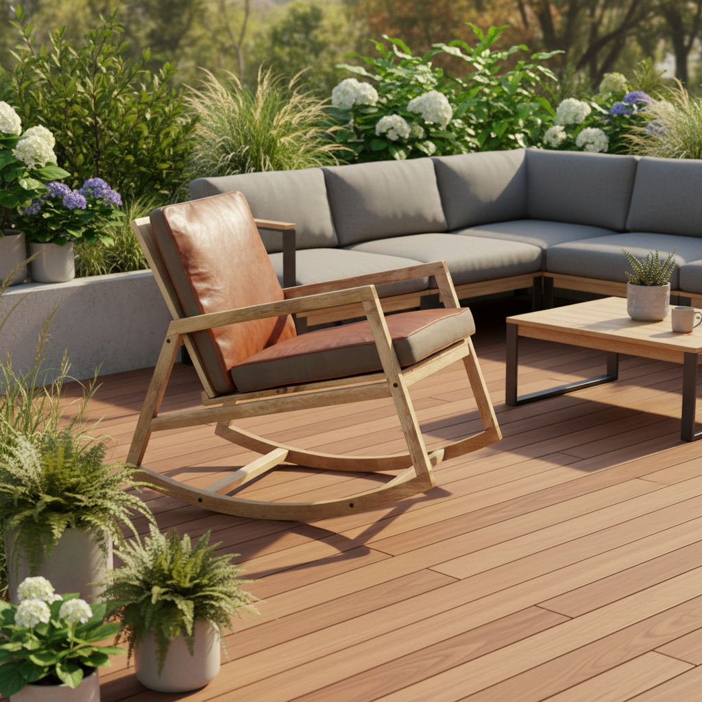 Schommelstoel met leren kussens op houten deck