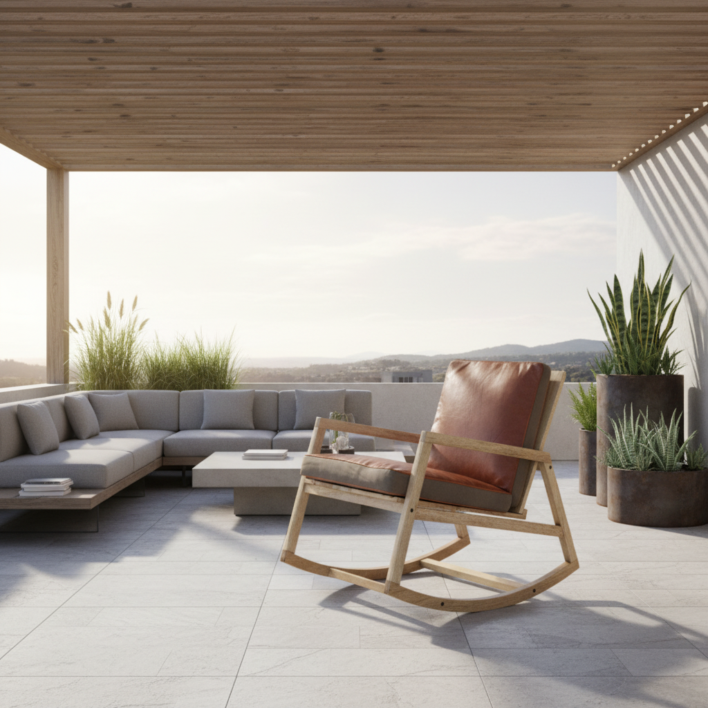 Schommelstoel met leren kussens op terras