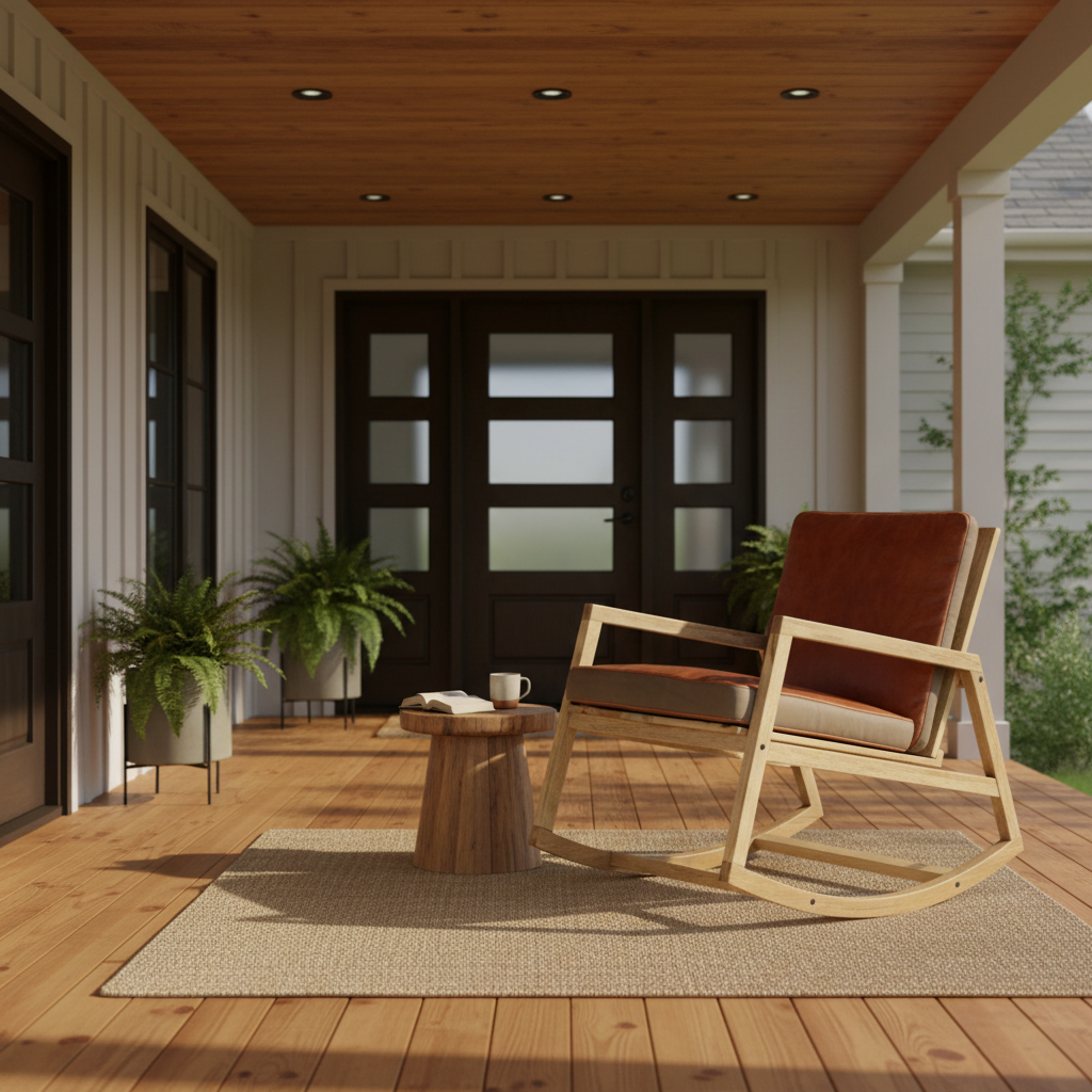 Schommelstoel met leren kussens op veranda