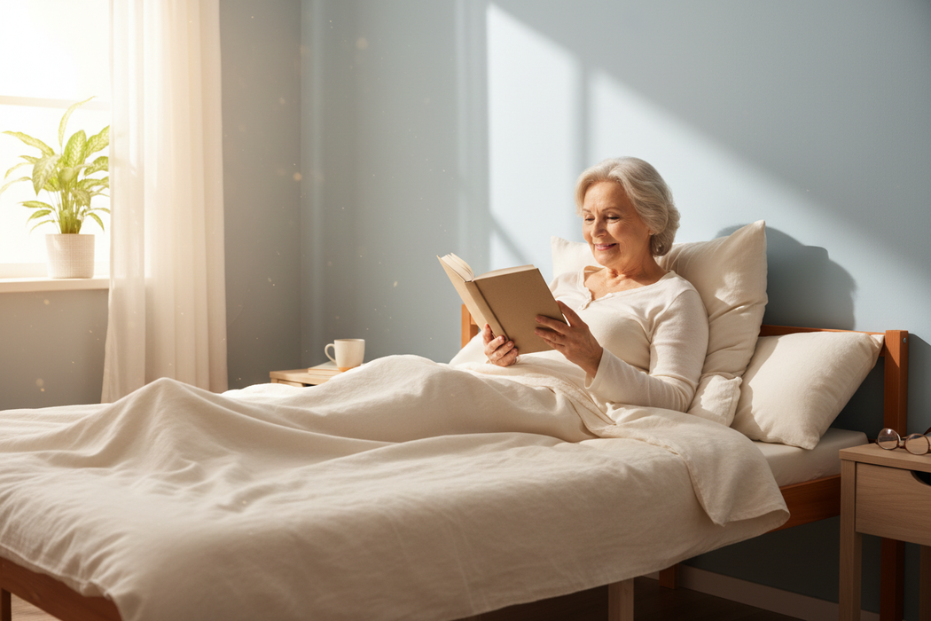 Seniore vrouw leest in bed