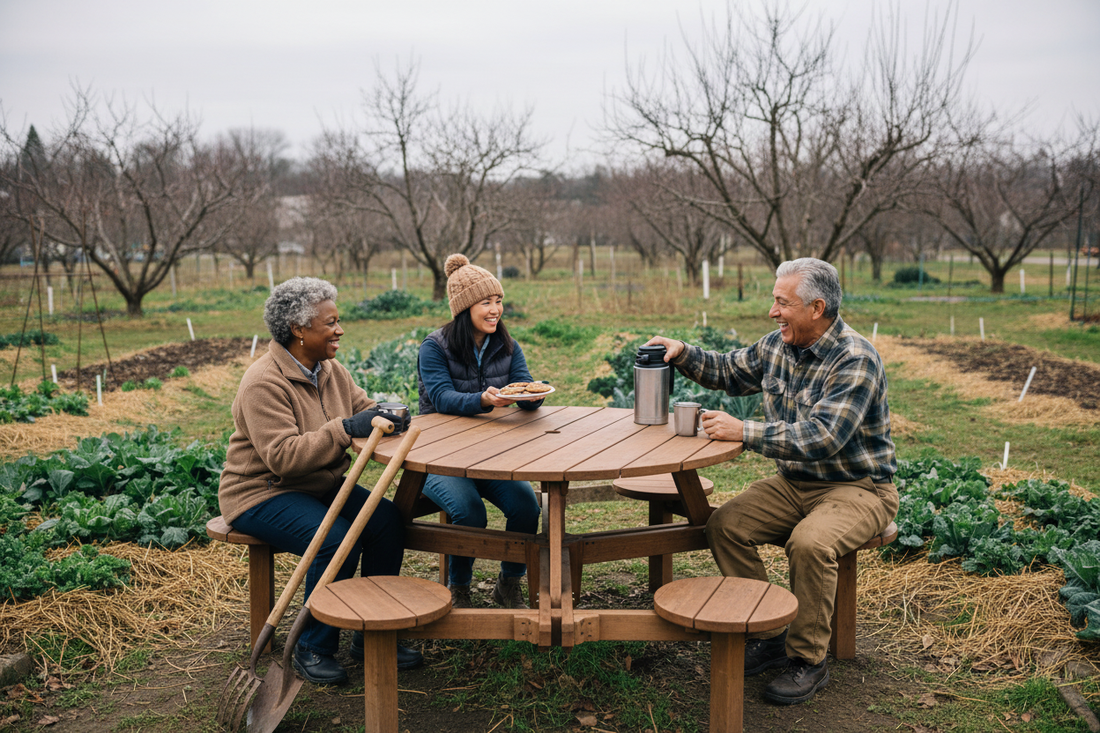 Senioren pauze in moestuin december