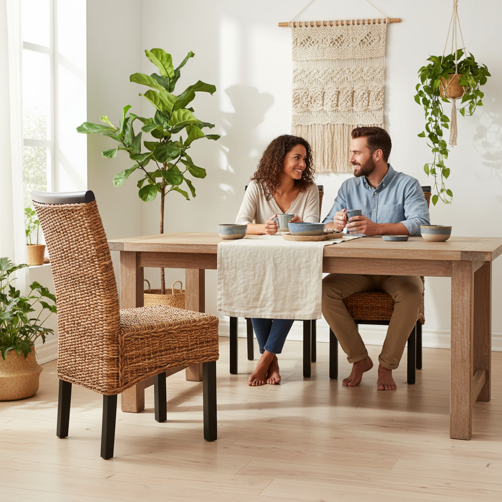 Set van 2 rotan eetkamerstoelen in bohemian setting