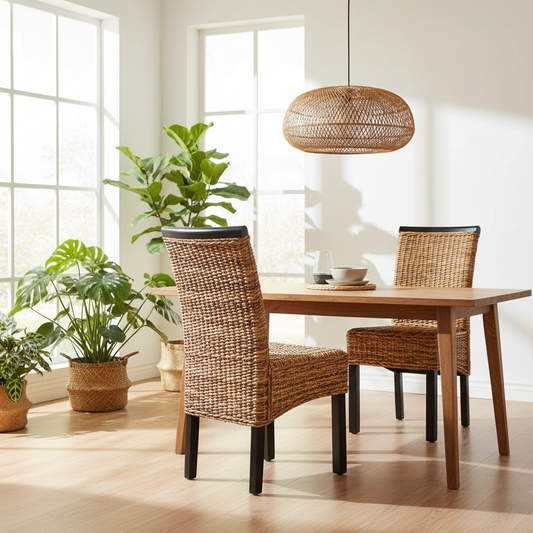 Set van 2 rotan eetkamerstoelen in tropisch interieur