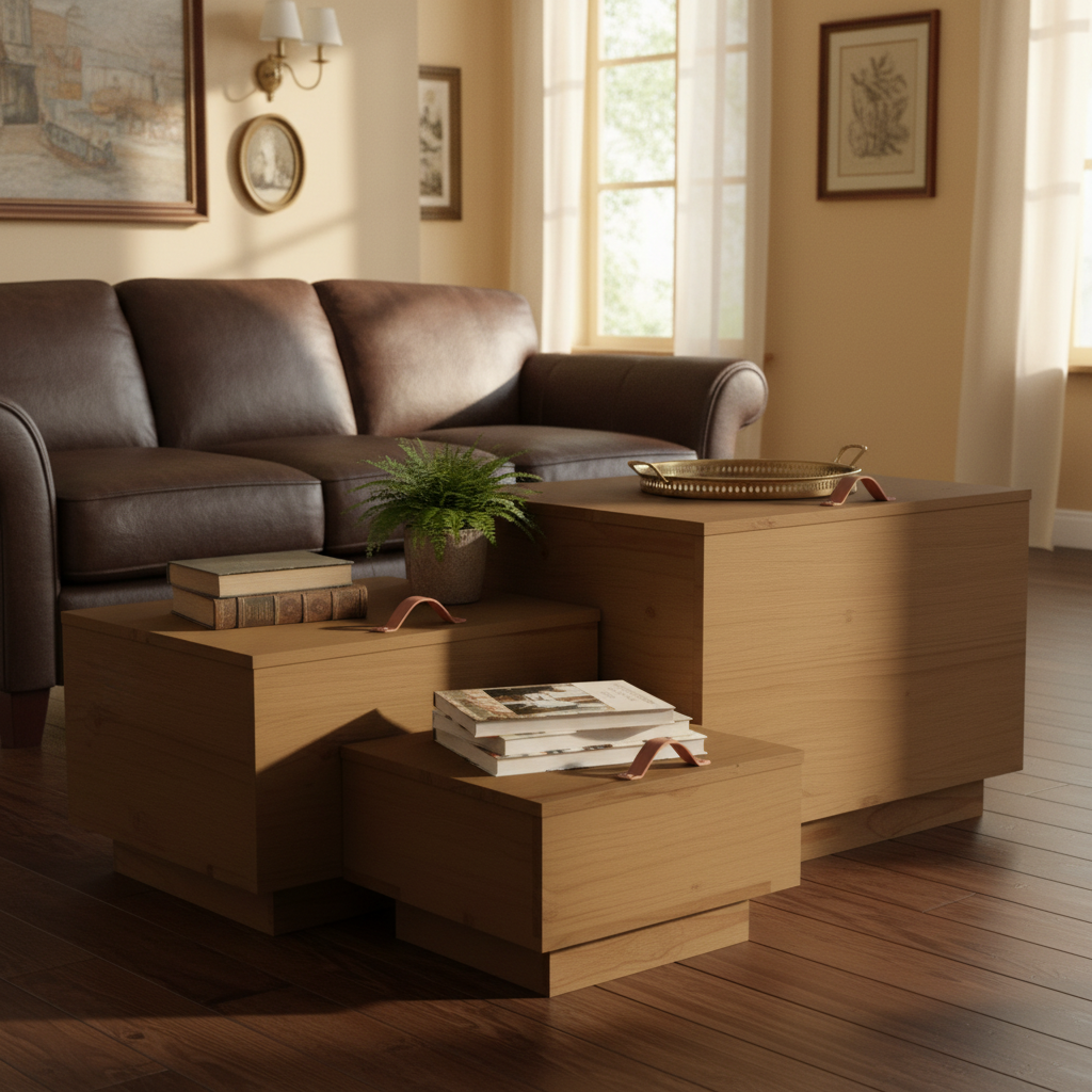 Set van 3 bruine eiken opbergboxen met handgrepen gesloten in traditionele woonkamer