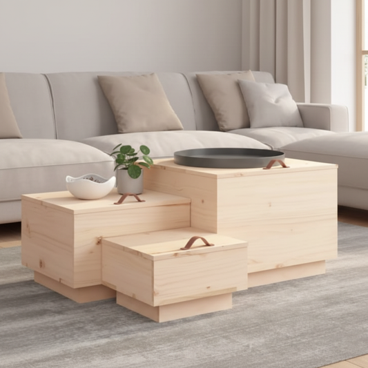 Set van 3 Sonoma eiken opbergboxen met handgrepen gesloten in Scandinavische woonkamer