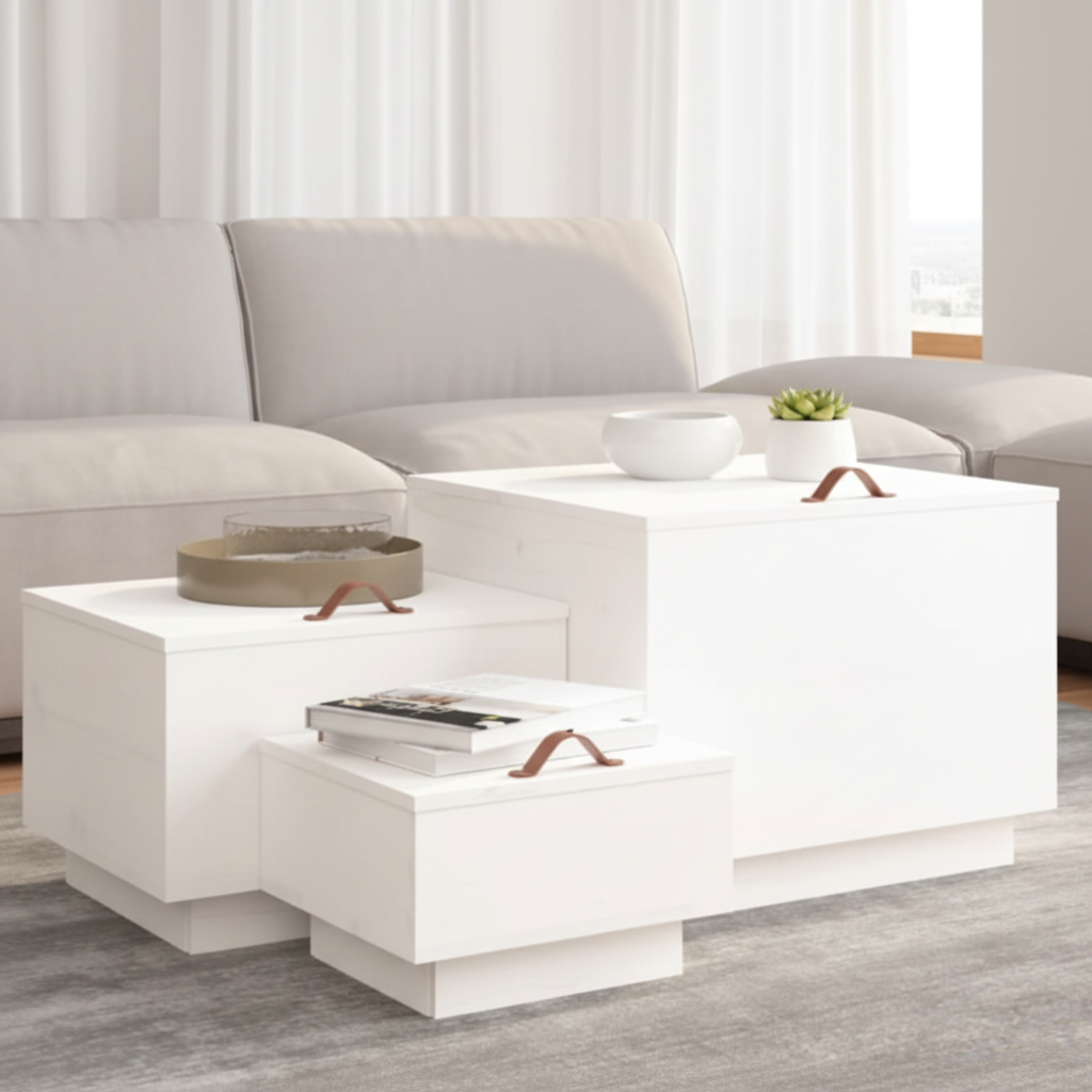 Set van 3 witte opbergboxen met handgrepen gesloten in minimalistische woonkamer