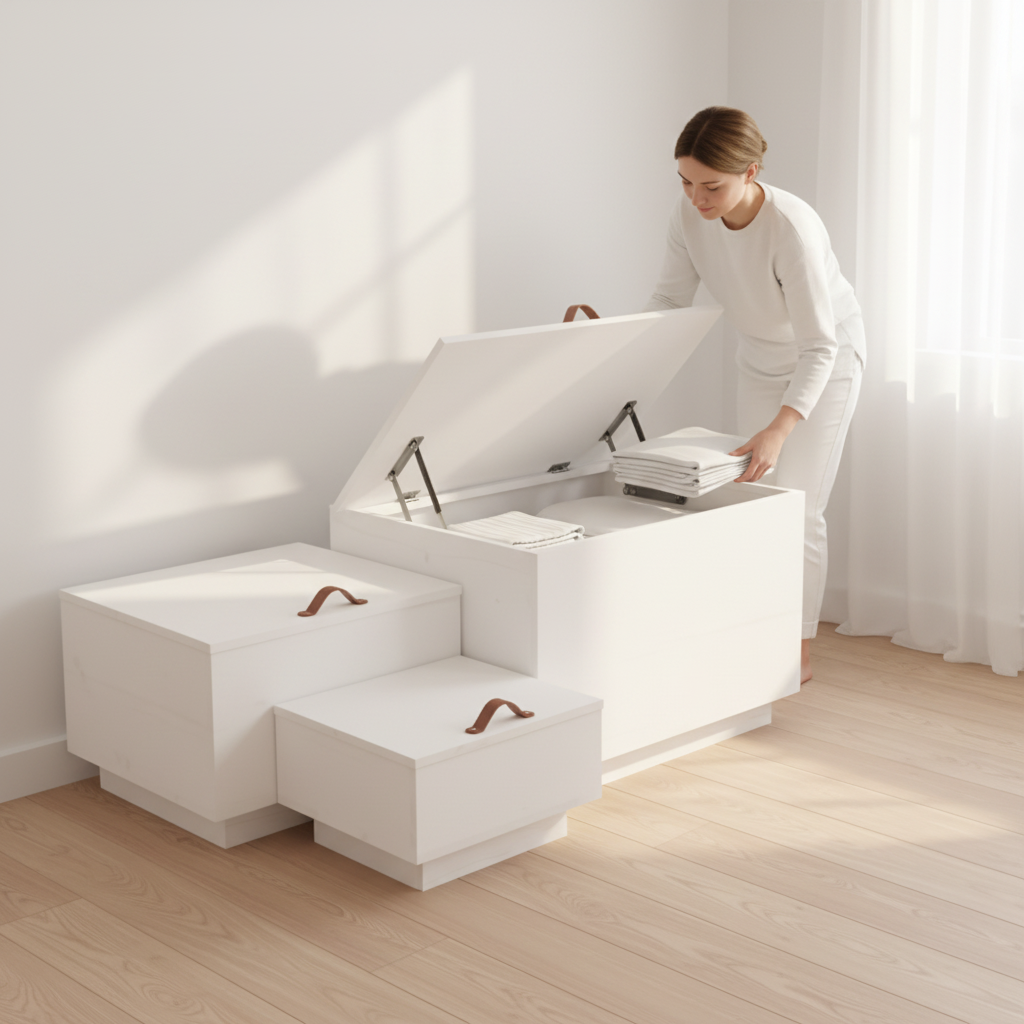 Set van 3 witte opbergboxen met handgrepen, medium kist open in all-white slaapkamer