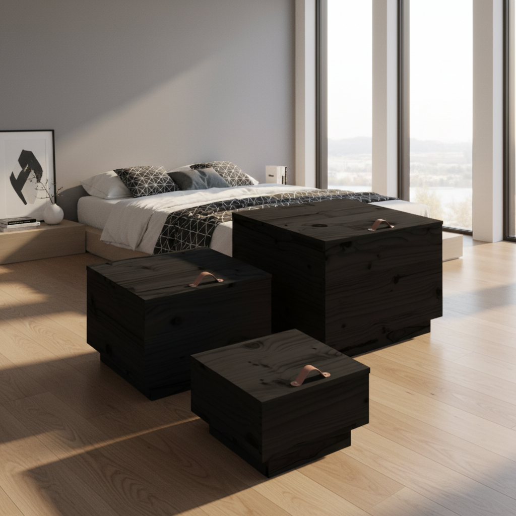 Set van 3 zwarte opbergboxen in verschillende maten in moderne slaapkamer