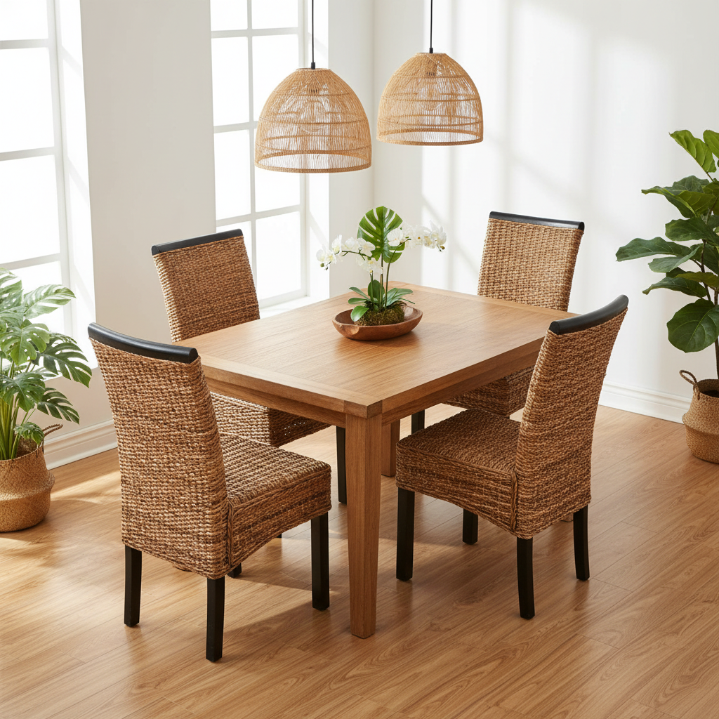 Set van 4 rotan eetkamerstoelen in tropisch interieur