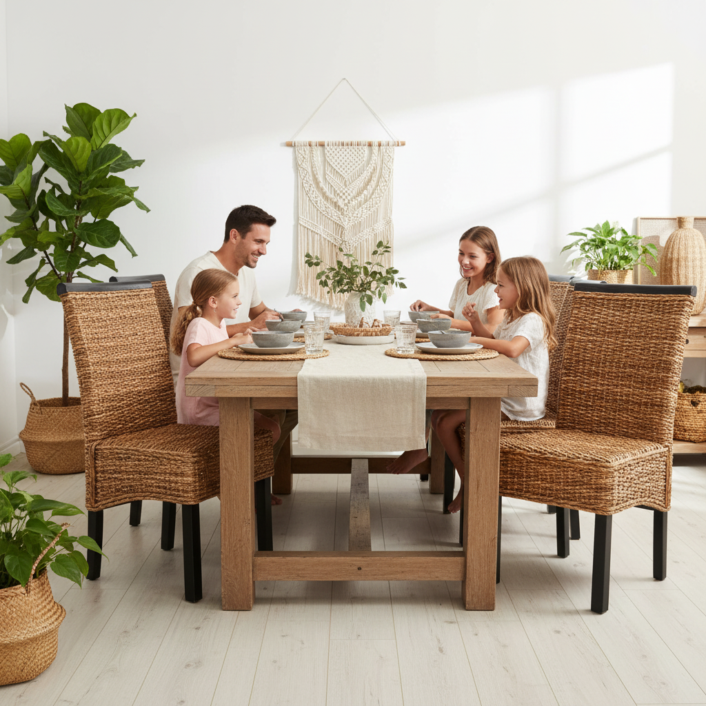 Set van 6 rotan eetkamerstoelen in bohemian setting
