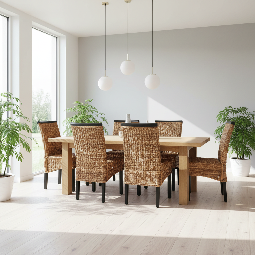 Set van 6 rotan eetkamerstoelen in Scandinavisch interieur