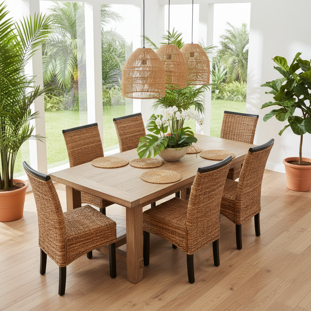 Set van 6 rotan eetkamerstoelen in tropisch interieur