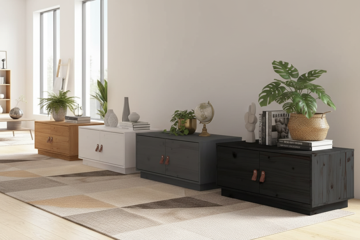 Showroom met alle 4 houten varianten tegen muur