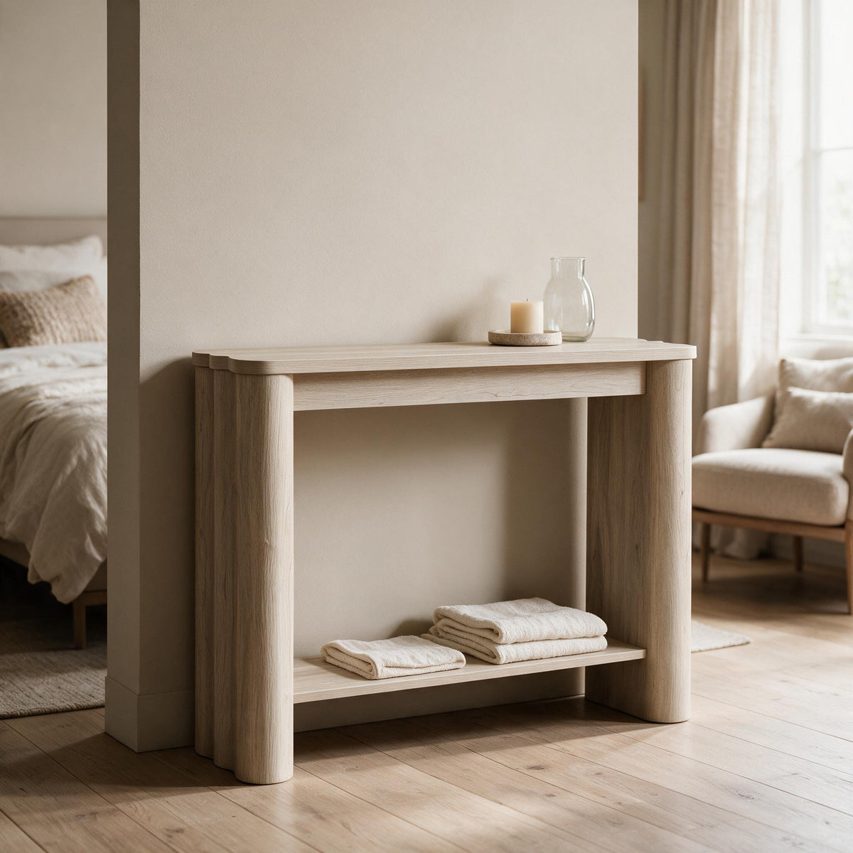 Sidetable met legplank in lichte eikenlook als kaptafel in een slaapkamer