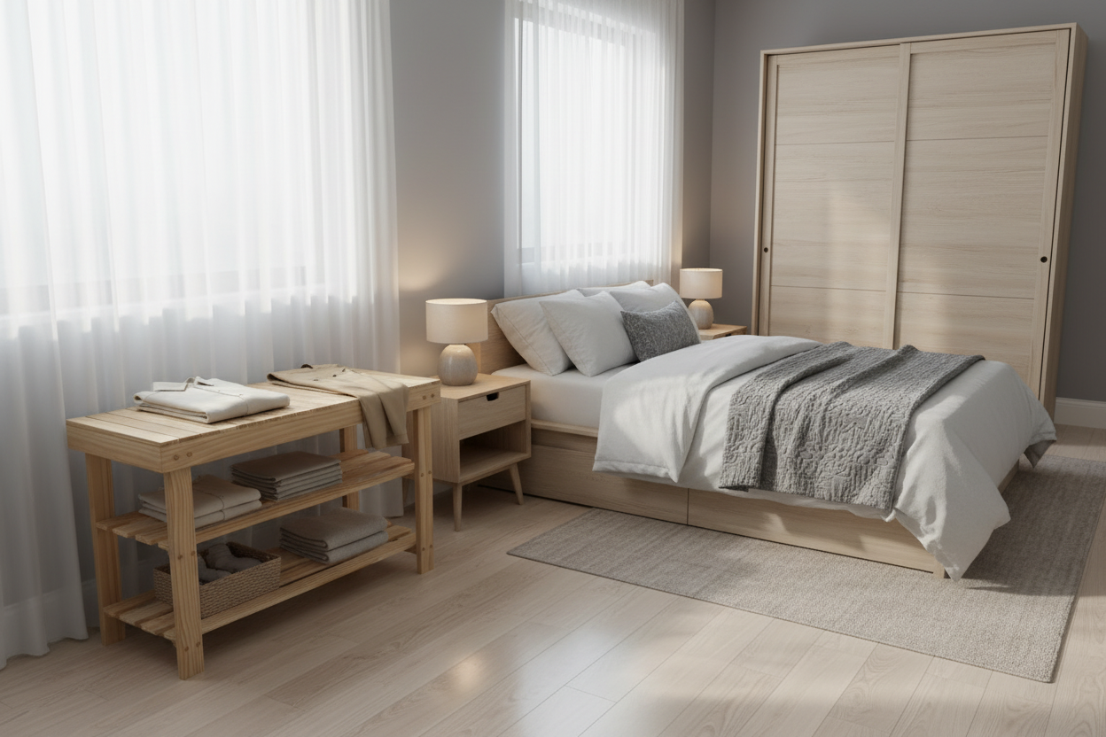 Slaapkamer met rek in hoek