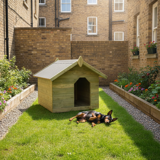 Small city garden with miniature pinscher