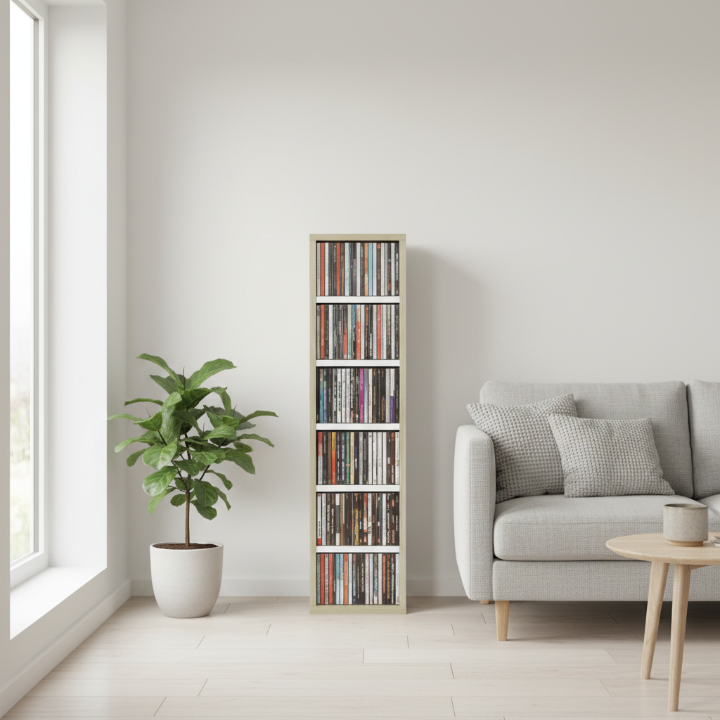 Sonoma eiken CD-rek in Scandinavische woonkamer met gevarieerde CD collectie
