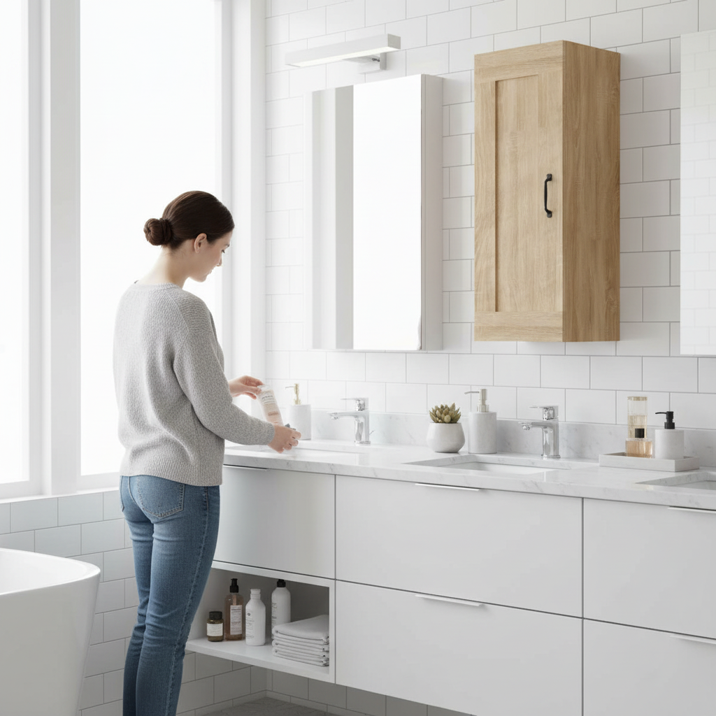Sonoma eiken hangkast in Scandinavische badkamer
