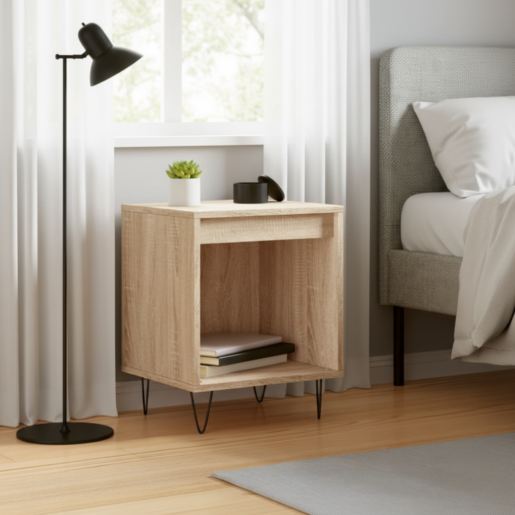 Sonoma eiken nachtkastje in moderne slaapkamer