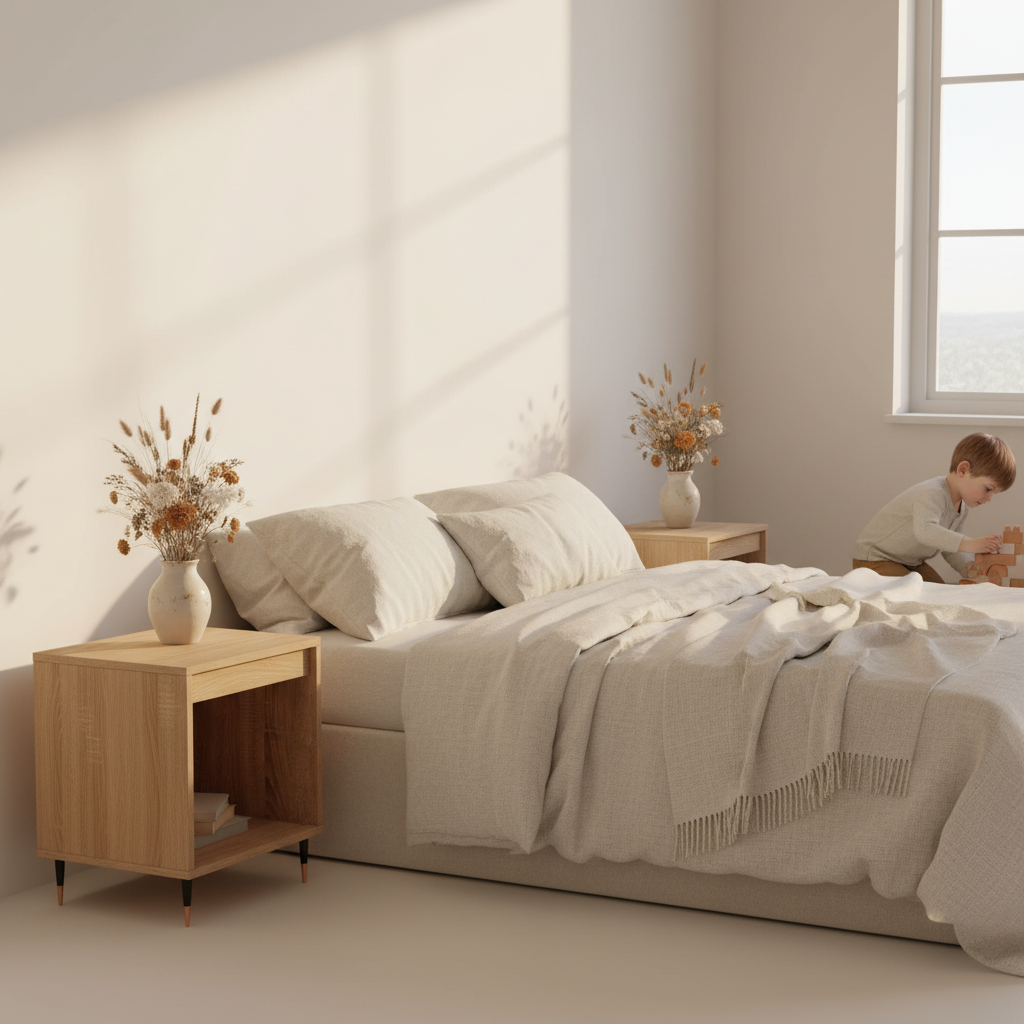 Sonoma eiken nachtkastjes in coastal slaapkamer