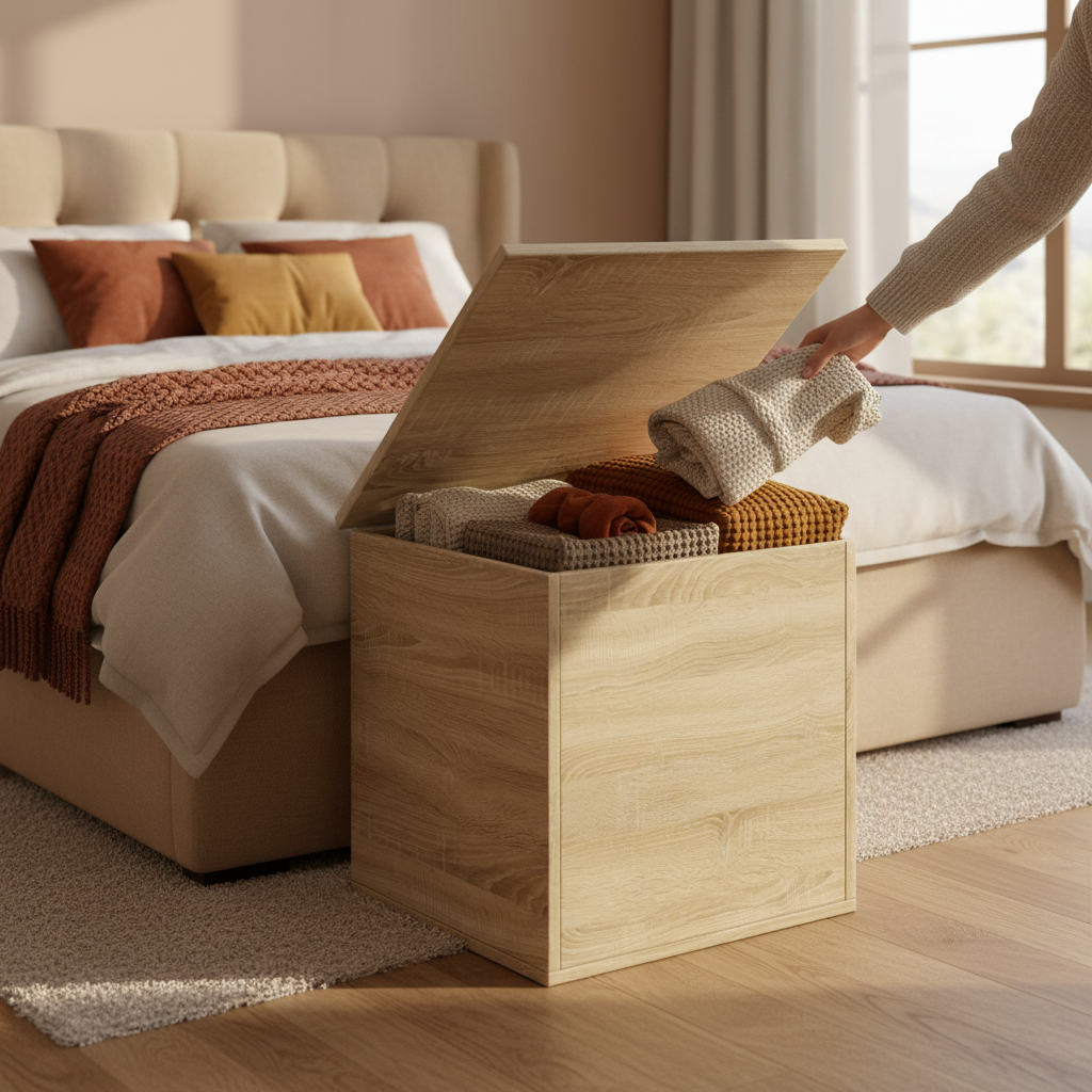 Sonoma eiken opbergkist met open deksel in gezellige slaapkamer