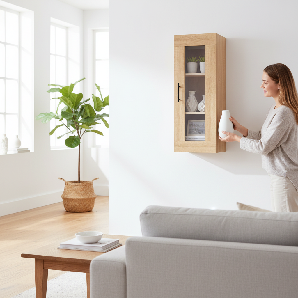 Sonoma eiken vitrinekast in Scandinavisch interieur