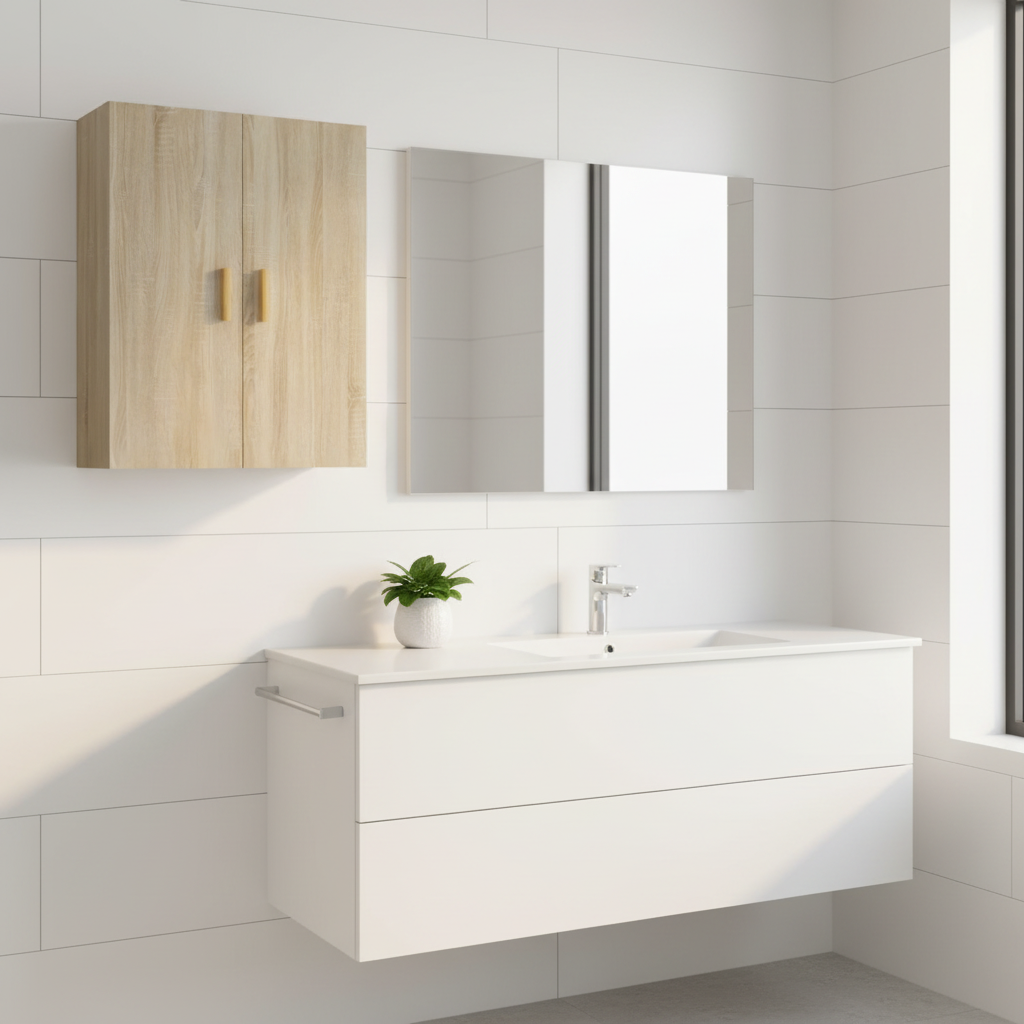 Sonoma eiken wandkast met gouden handgrepen in minimalistische badkamer