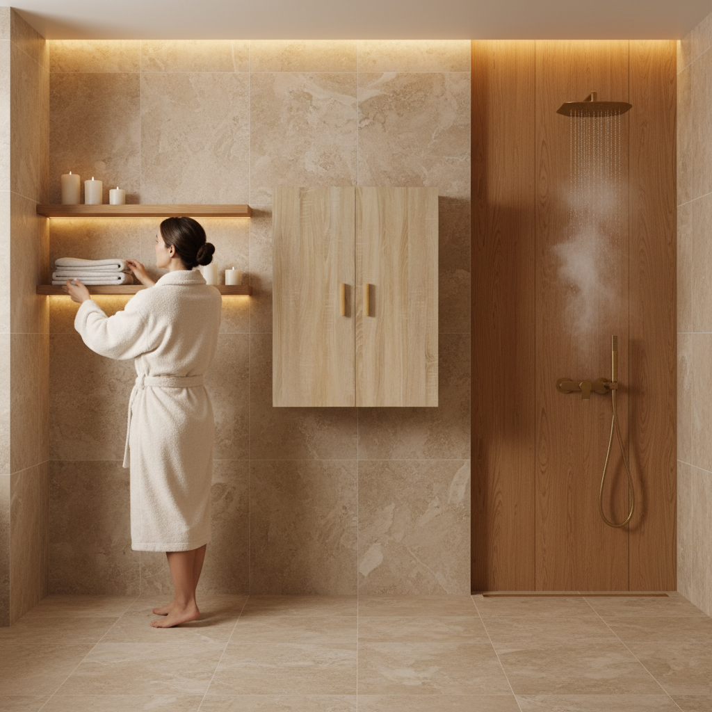 Sonoma eiken wandkast met gouden handgrepen in wellness badkamer