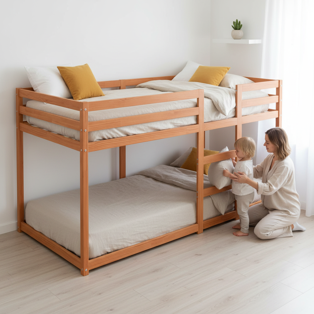 Stapelbed met beige linnen beddengoed