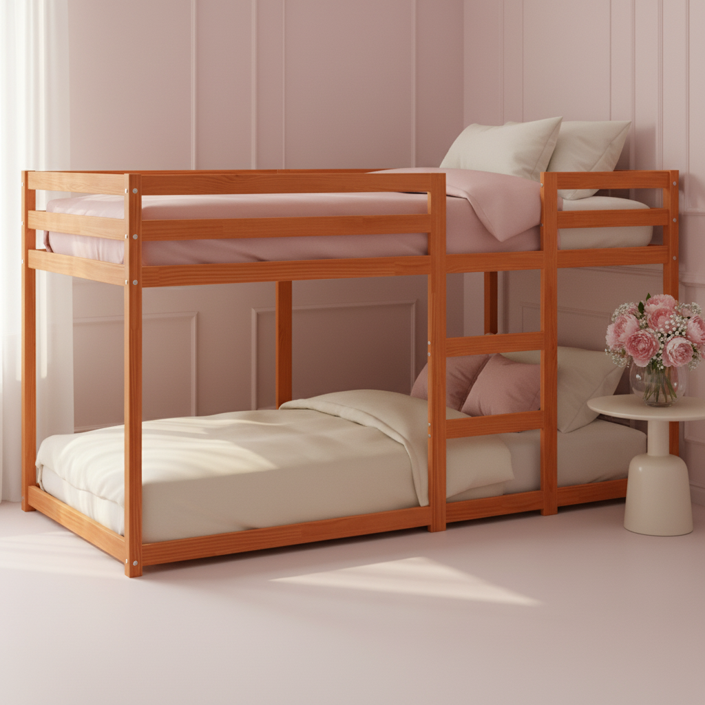 Stapelbed met roze en crème beddengoed