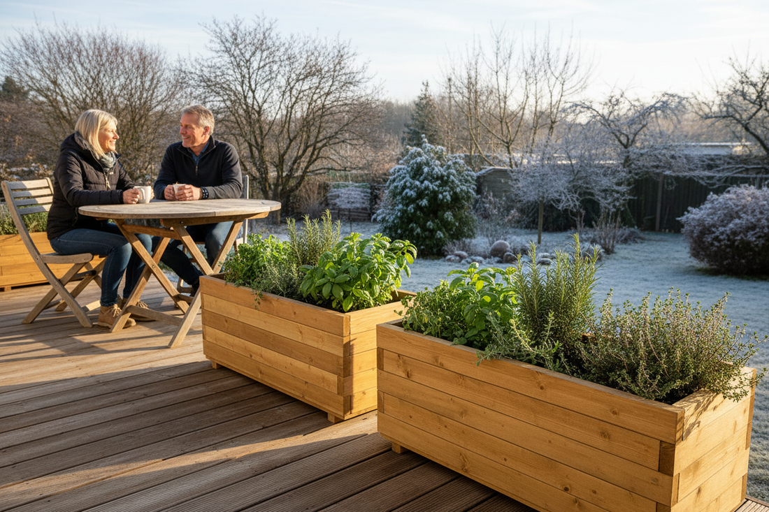 Stel op terras met warme bruine bloembakken 13:34