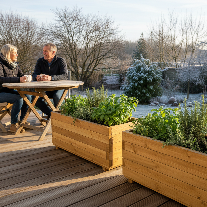 Stel op terras met warme bruine bloembakken 13:34