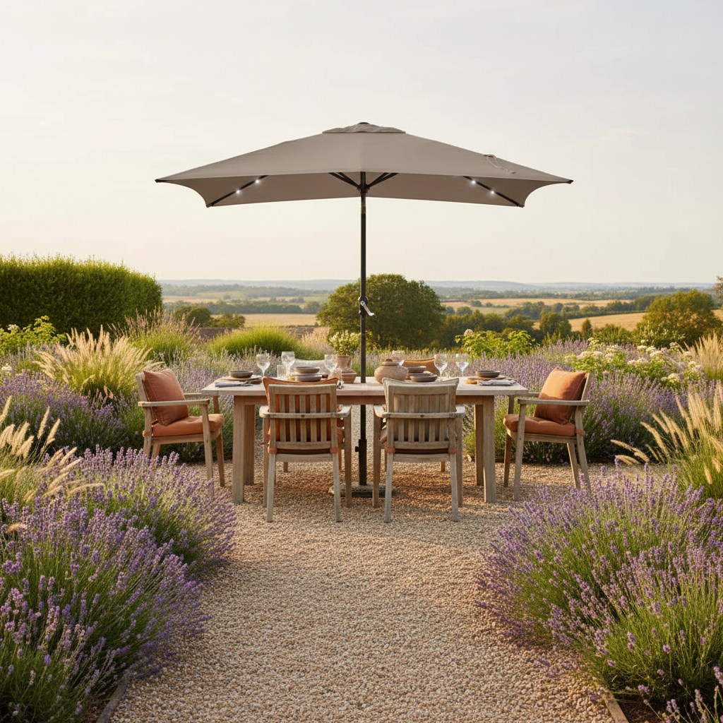 Taupe parasol in landelijke tuin
