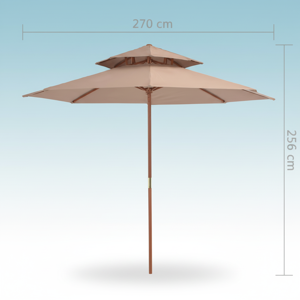 Taupe parasol met afmetingen op lichtblauwe achtergrond