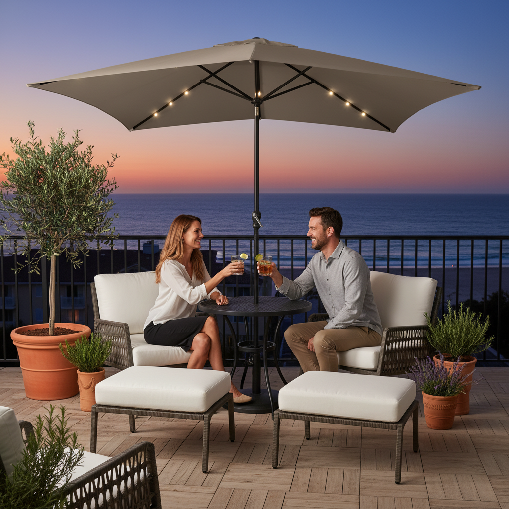 Taupe parasol op balkon met kustsfeer