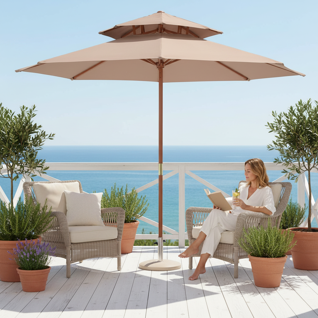 Taupe parasol op coastal balkon