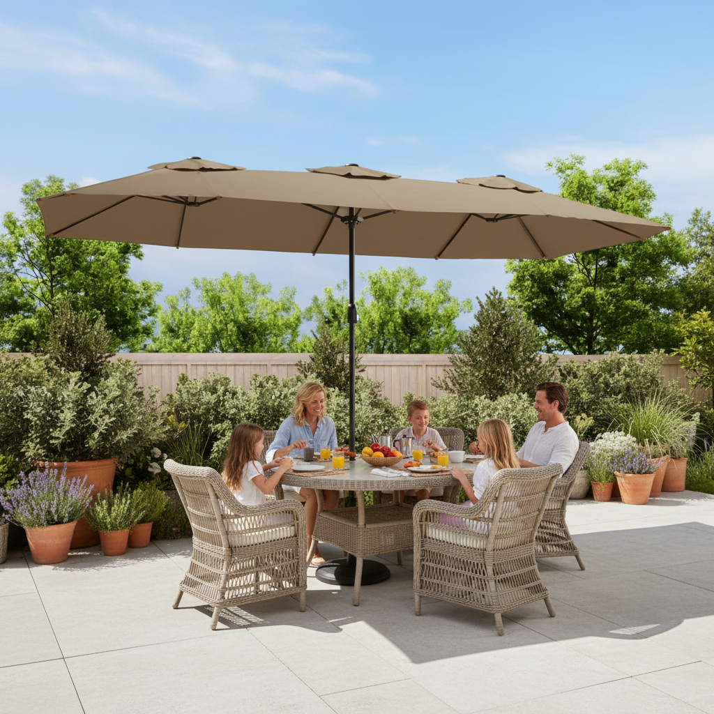 Taupe parasol op coastal patio