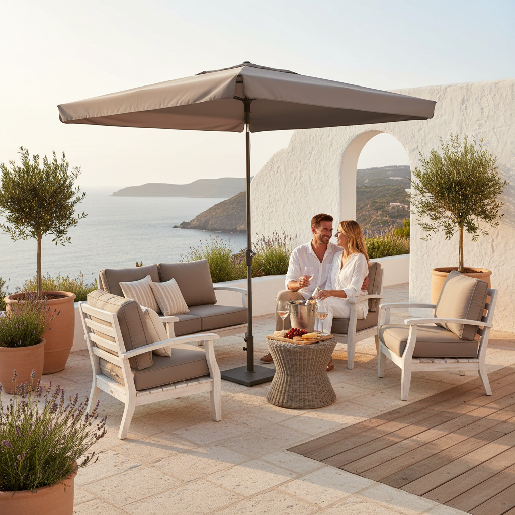 Taupe rechthoekige parasol op coastal terras