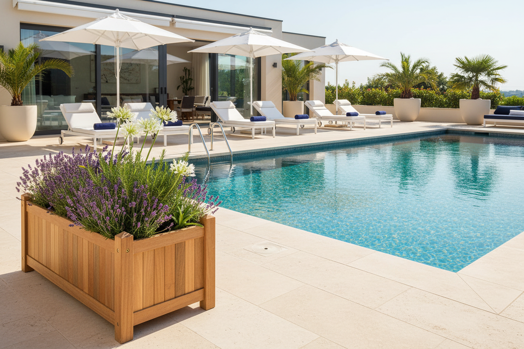 Teak Bloembak Bali bij zwembad