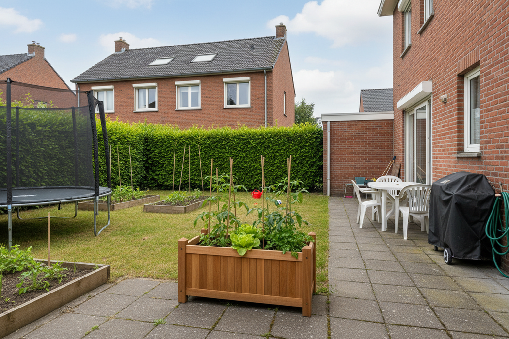 Teak Bloembak Bali in Vlaamse zomertuin