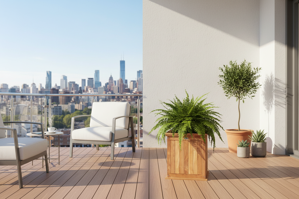 Teak Bloembak Kalimantan balkon zonder mensen