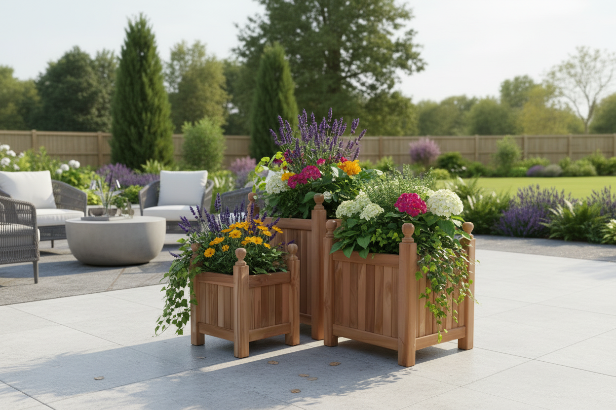 Teak bloembakken set op modern terrace
